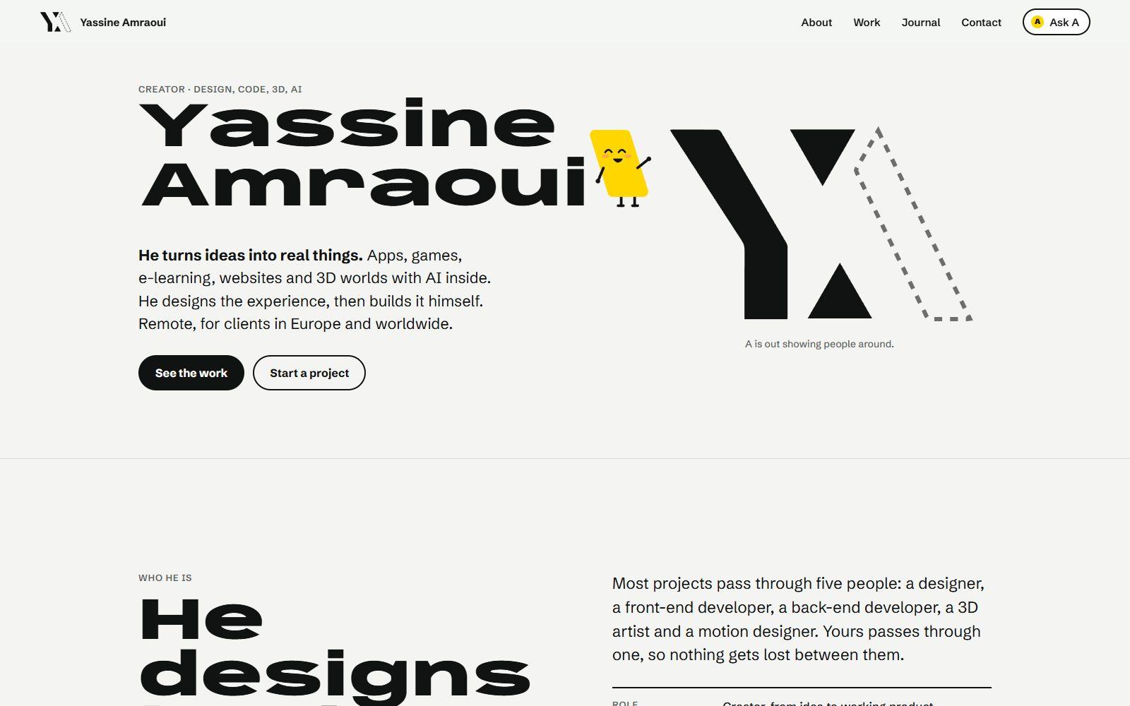 The portfolio's home page: the yellow A has stepped out of the YA logo, leaving a dashed outline, and stands waving beside the name Yassine Amraoui.