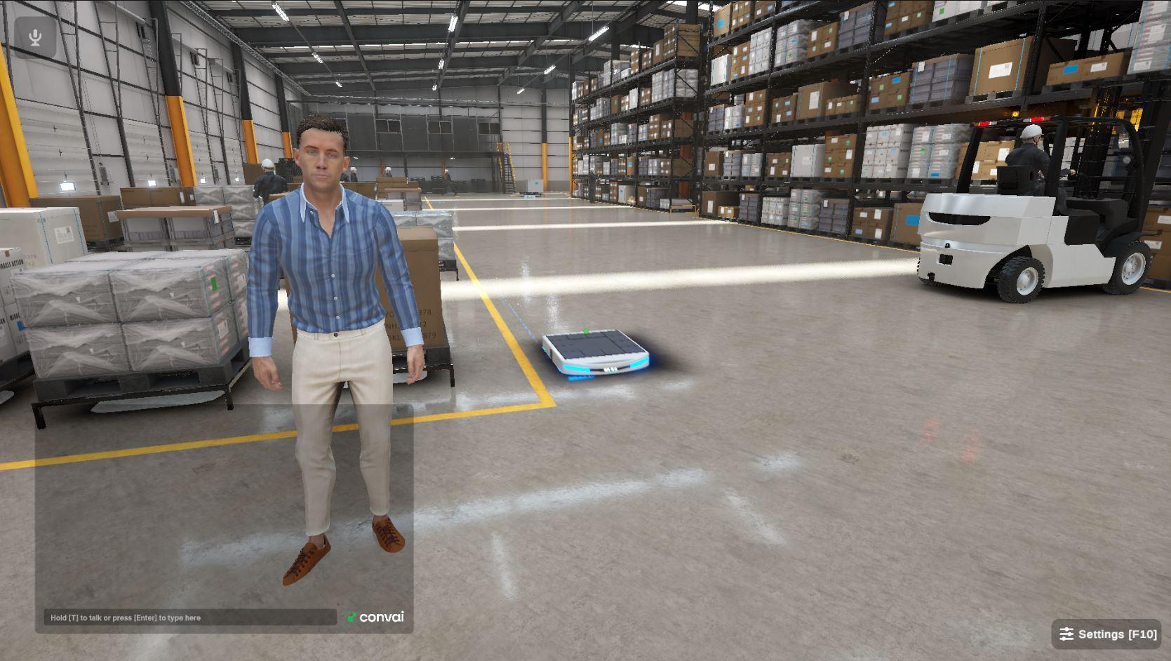 Warehouse Safety Training in Unity: an AI instructor stands on the warehouse floor, a forklift behind him and yellow safety markings on the ground.