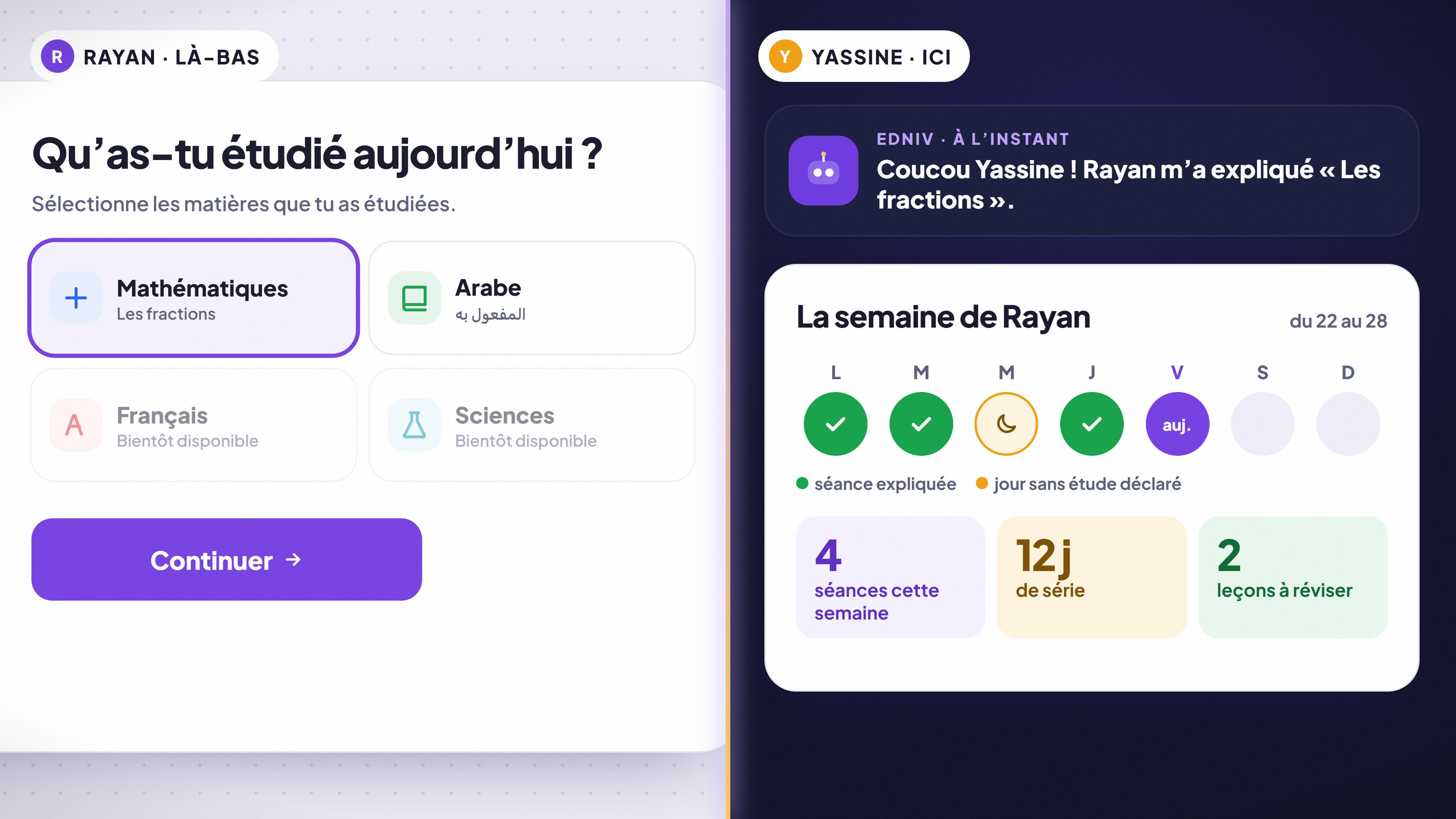 Edniv on two screens: Rayan picks tonight's subject, maths and fractions, while Yassine's side shows the notification "Rayan m'a expliqué « Les fractions »" and a week of explained sessions.