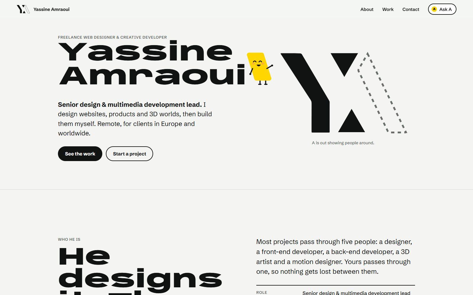 The portfolio's home page: the yellow A has stepped out of the YA logo, leaving a dashed outline, and stands waving beside the name Yassine Amraoui.