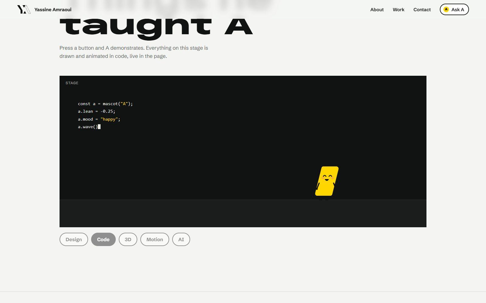 The playground stage: code typing on a dark stage while A stands on it.